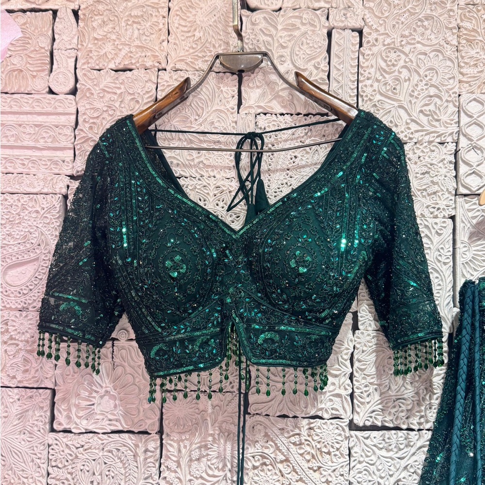 Emerald Green Sequin Lehenga Set - Picture 3 of 8